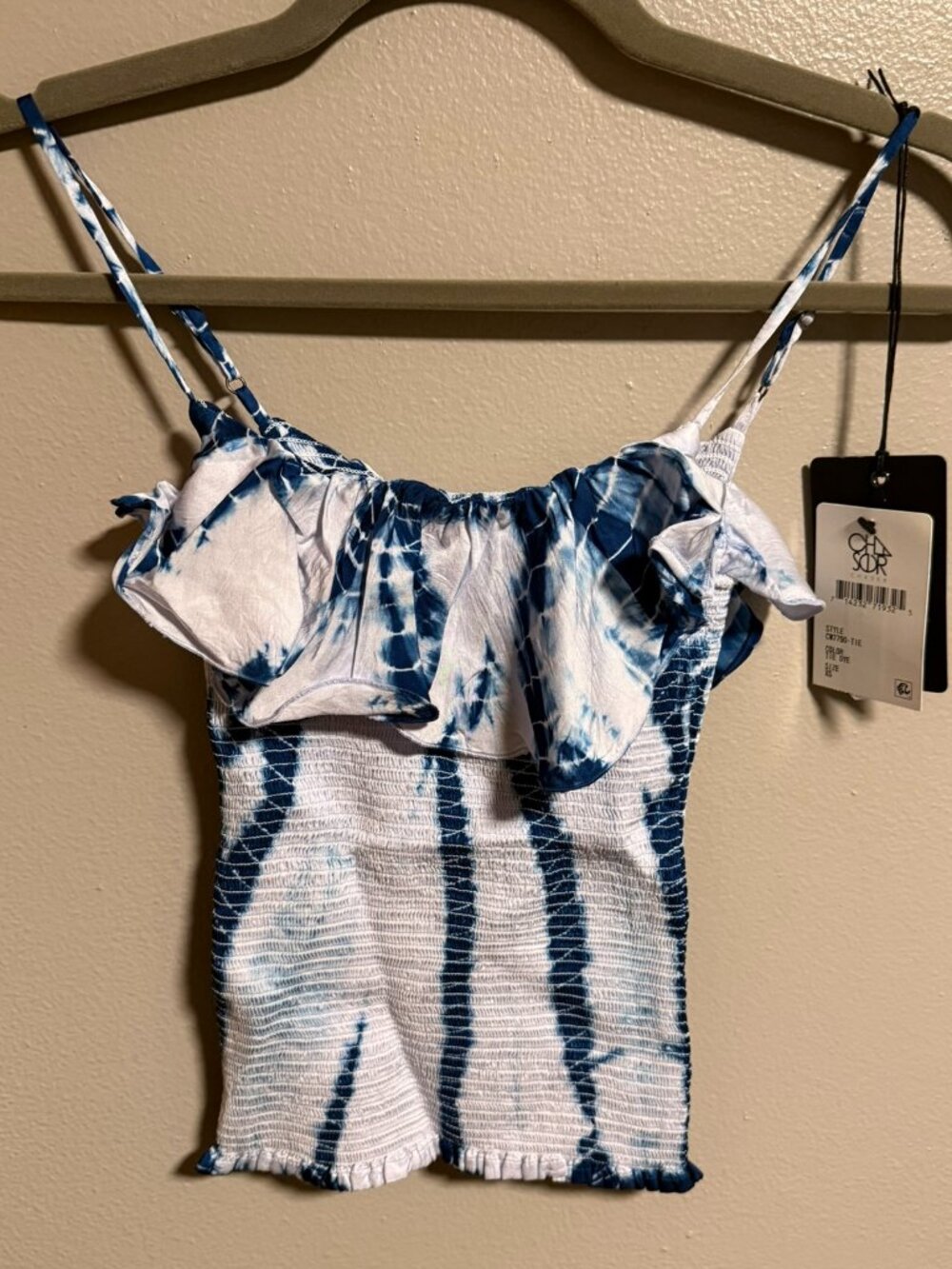 NWT Chaser Blue Tie Dye Smocked Ruffle Cami Top Size XS